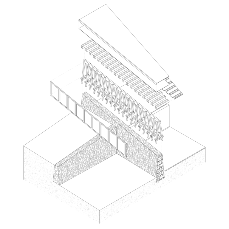 Muntac - isometric view of the wall construction for the winery ETHZ, Corinna Menn, Bergell, Records of a Territory, productive walls, muntac, stone wall, isometric view of the wall construction for the winery