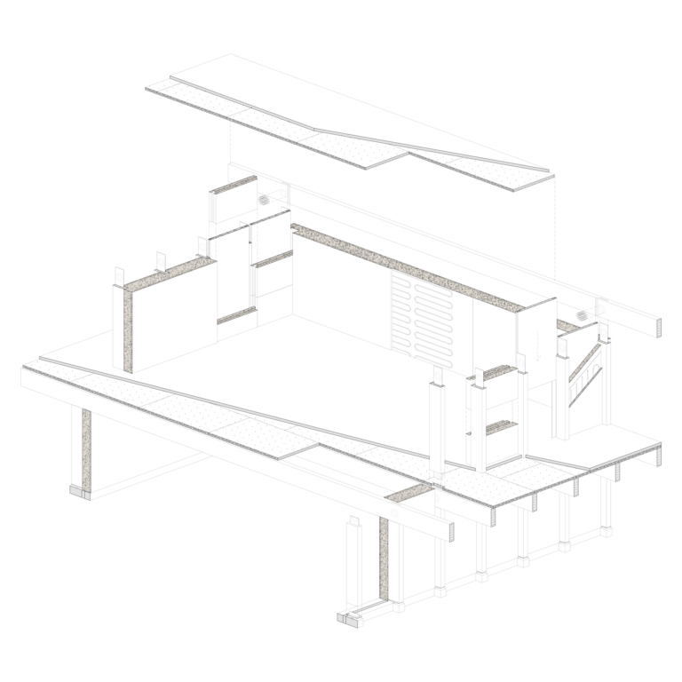 ZHAW, campus états-unis, bachelor thesis, Unicampus, clay, auditorium, Isometric design of the clay-wood construction with heating system