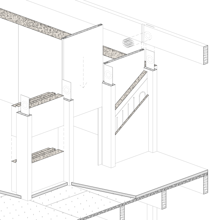 ZHAW, campus états-unis, bachelor thesis, Unicampus, clay, auditorium, Isometric design of the clay-wood construction with heating system, detail