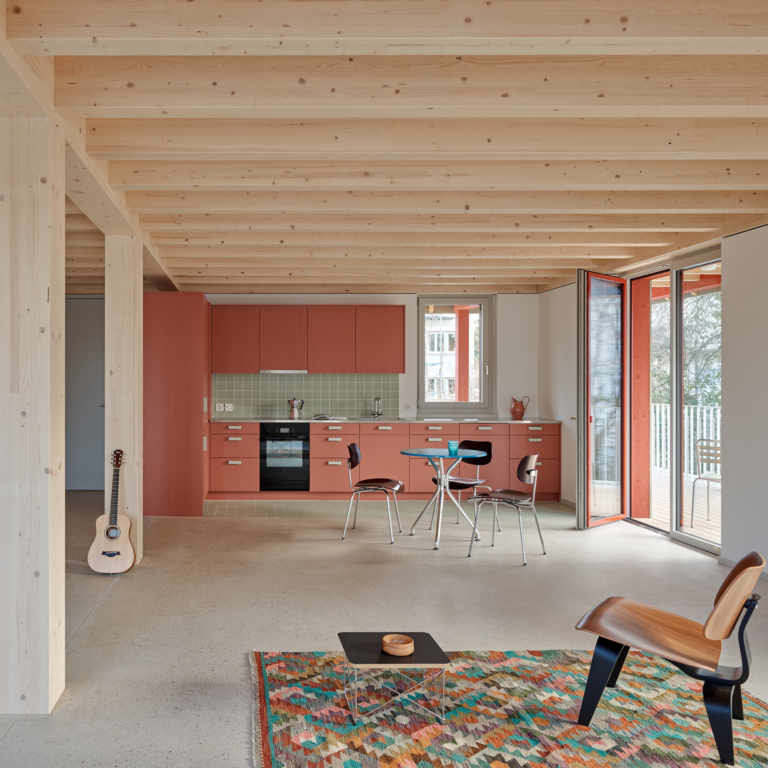 Schmid Ziörjen Architektenkollektiv, Roland Bernath, Binningen, Holzbau, Wooden Building, facade, arcade, red, green, Wood, kitchen, living room