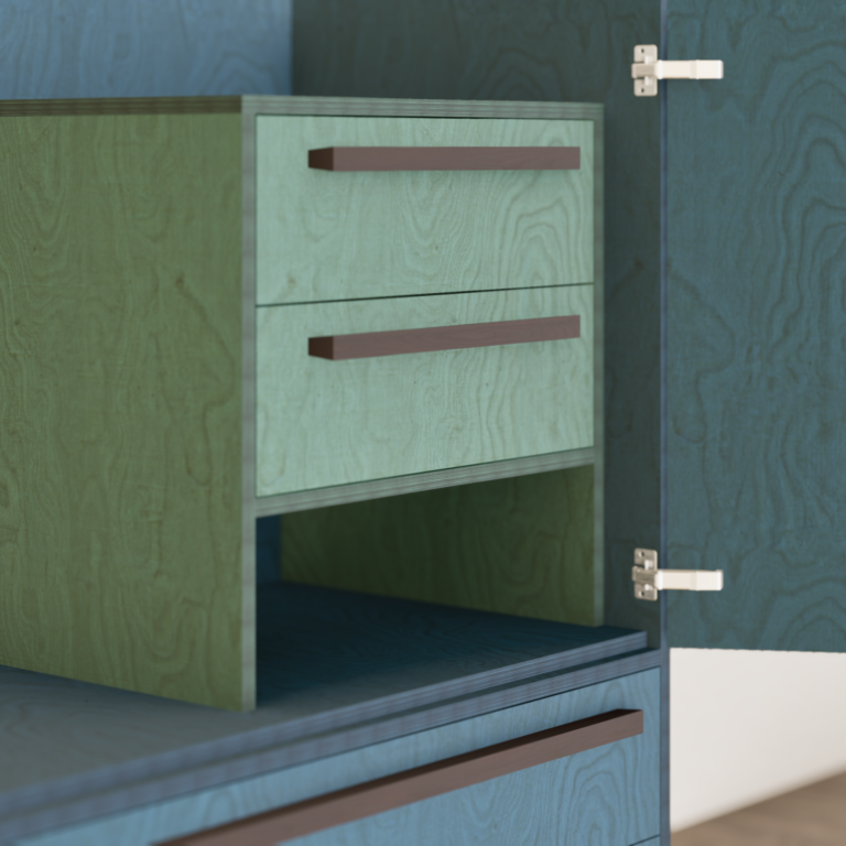 Dominic Deppeler, multiplex, living room, detail, rendering, wardrobe, birch, playwood