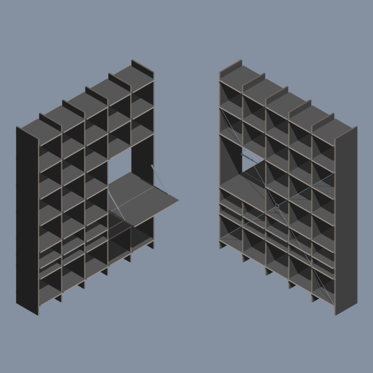 Dominic Deppeler, multiplex, bookshelf, living room, isometric plan, moormann