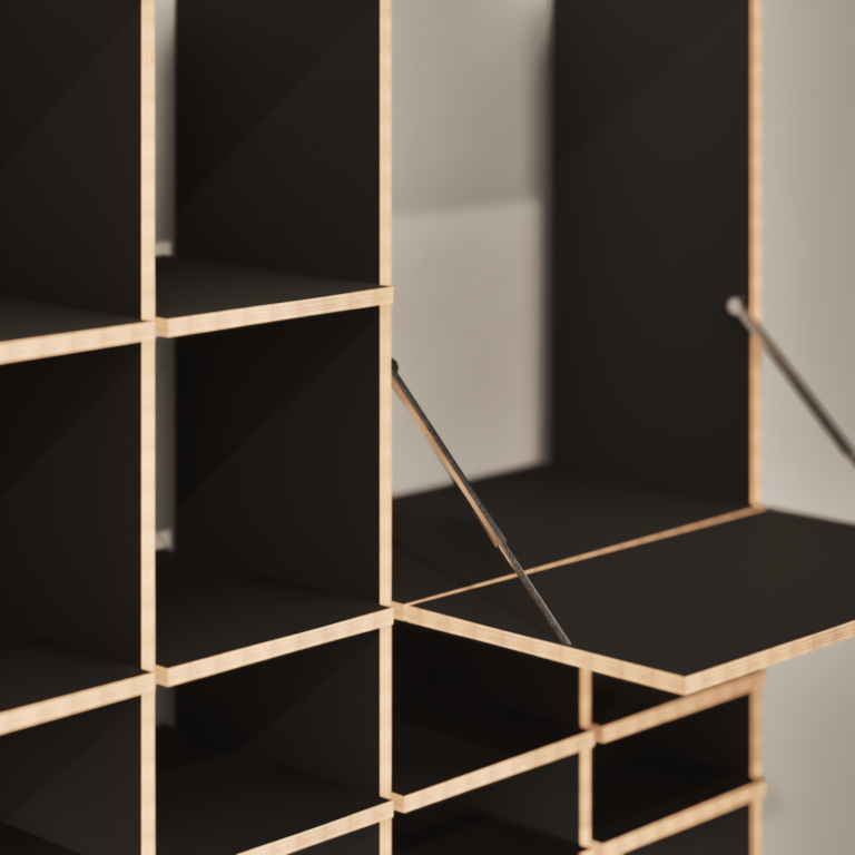 Dominic Deppeler, multiplex, bookshelf, living room, detail, rendering, moormann