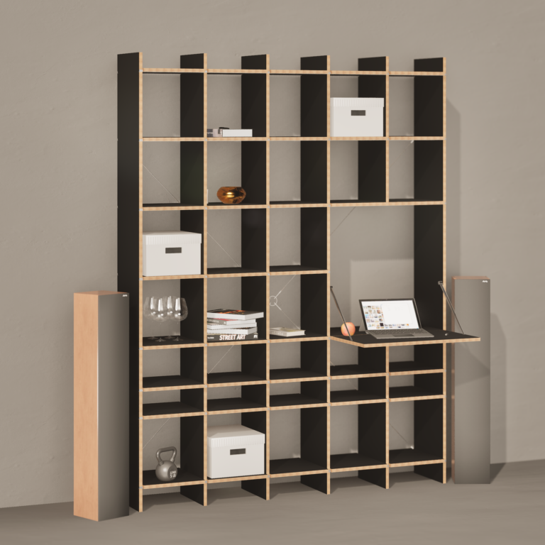 Dominic Deppeler, multiplex, bookshelf, living room, rendering, moormann